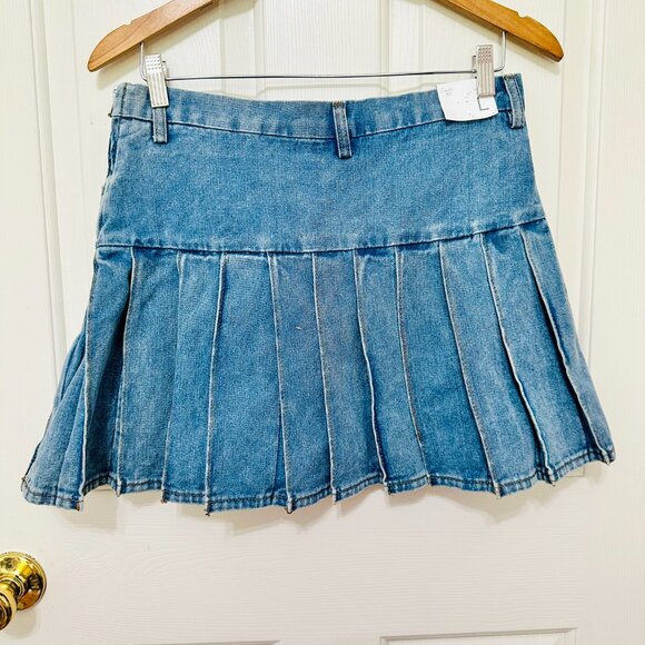 CALI 1850 LOS ANGELES DROP WAIST PLEATED MINI BLUE DENIM JEAN SKIRT LARGE JR - Picture 2 of 6